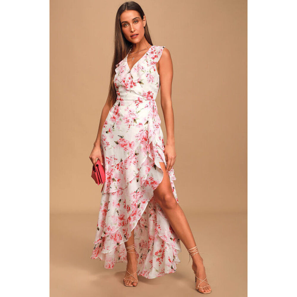 Lulus Treasure The Moment White Floral Print Ruffled Wrap Maxi Dress - Size S